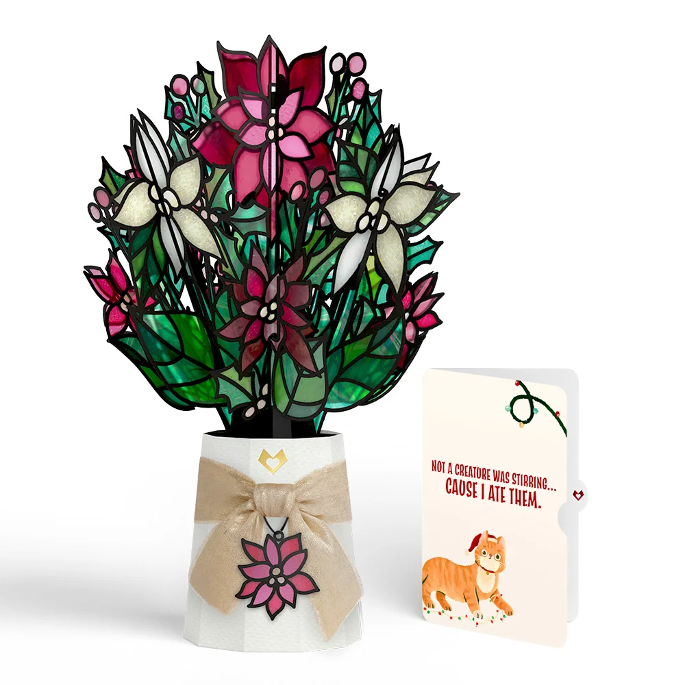 Lovepop Poinsettia Shimmer Christmas Suncatcher Bouquet and Hungry Cat Sentiment Set Glass