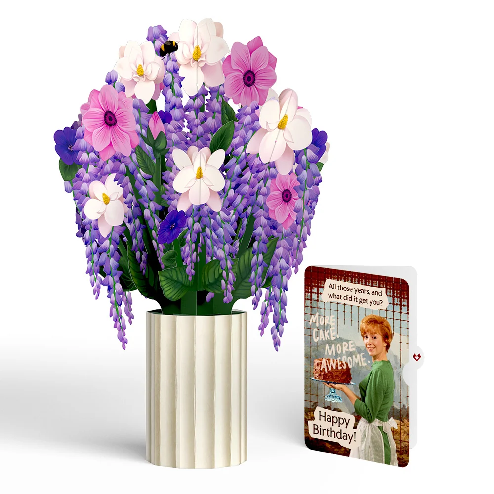 Lovepop Wisteria Birthday Bouquet and More Cake More Awesome Sentiment Set Vase