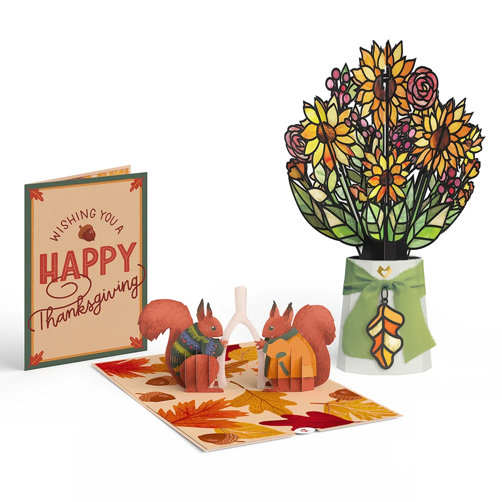 Lovepop Woodland Happy Thanksgiving Wishbone Pop-Up Card & Suncatcher Bouquet Bundle