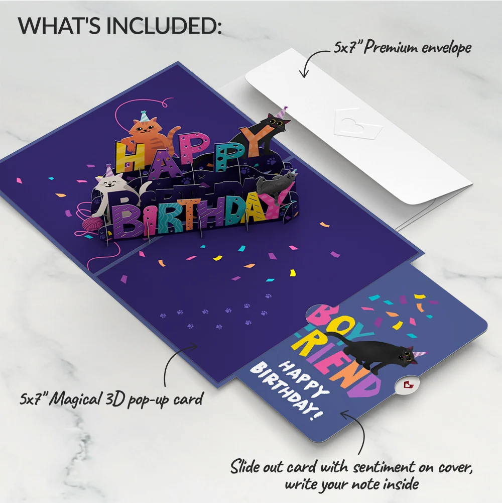 Lovepop Happy Birthday Cats Pop-Up Card and Sentiment Set for Boyfriend - Image 2