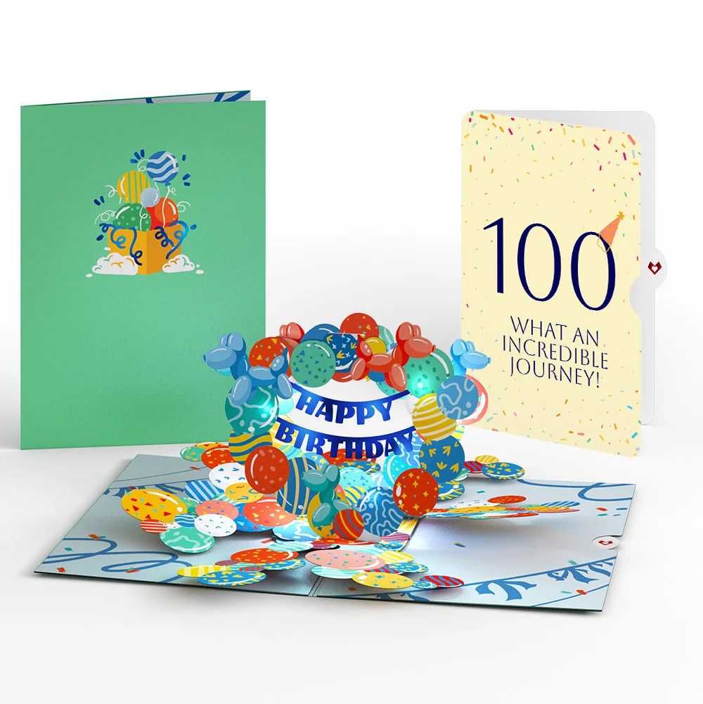 Lovepop Happy 100th Birthday Balloons Music and Lights Pop-Up Card and Party Hat Sentiment Set