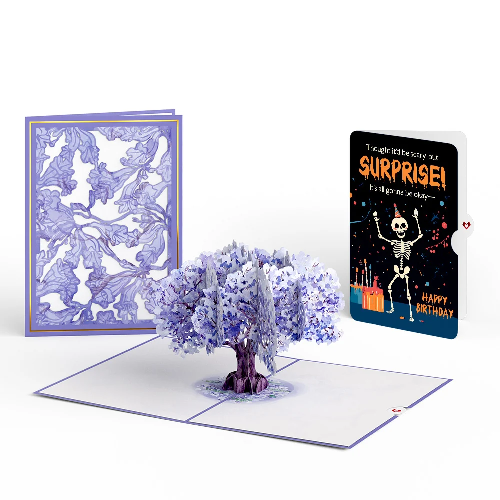 Lovepop Watercolor Jacaranda Tree Birthday Pop-Up Card and Surprise Skeleton Sentiment Set Candle