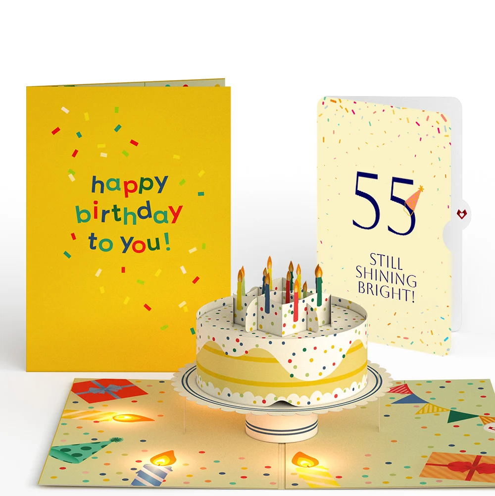 Lovepop Happy 55th Birthday Confetti Cake Music and Lights Pop-Up Card and Party Hat Sentiment Set Candle
