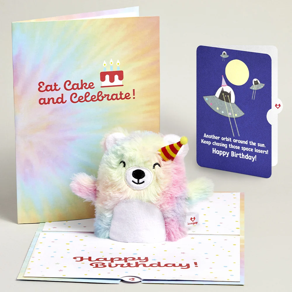 Lovepop Rainbow Bear with Space Laser Cats Birthday Plushpop Card and Sentiment Set