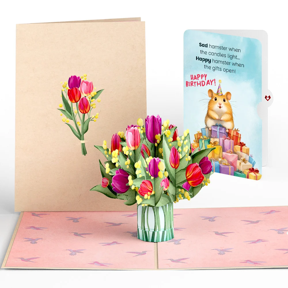 Lovepop Cheerful Tulips Birthday Pop-Up Card and Happy Hamster Sentiment Set Vase