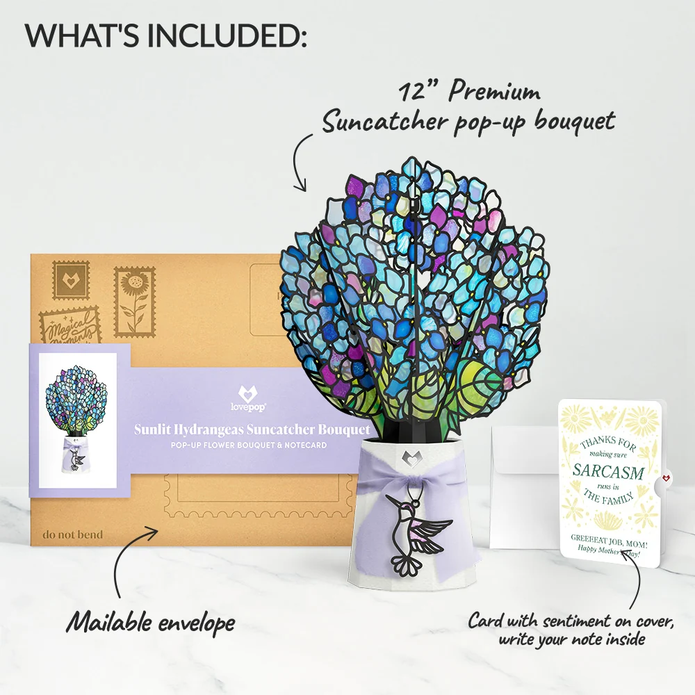 Lovepop Sunlit Hydrangeas Mother’s Day Suncatcher Bouquet and Sunny Sarcasm Garden Sentiment Set for Mom Glass - Image 2
