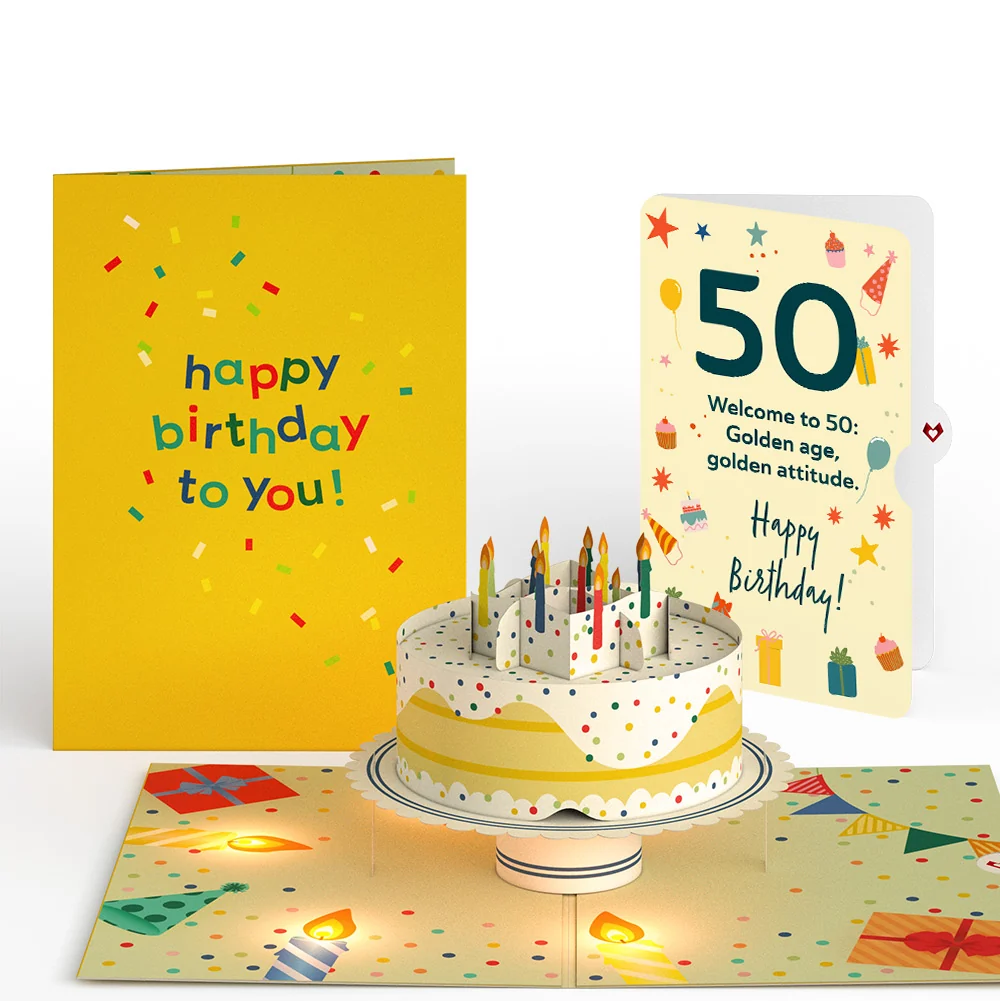 Lovepop Happy 50th Birthday Confetti Cake Music and Lights Pop-Up Card and Sentiment Set Candle