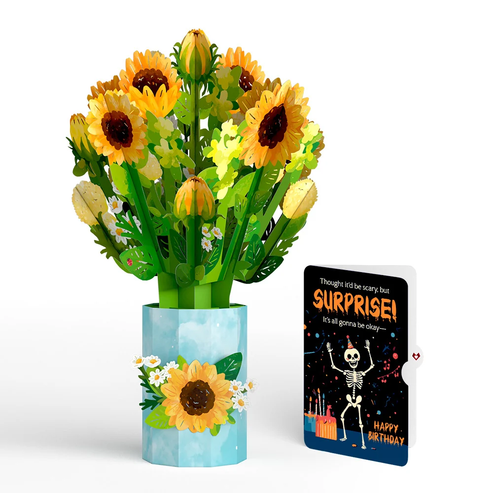 Lovepop Sunflower Blooms Birthday Bouquet and Surprise Skeleton Sentiment Set Vase