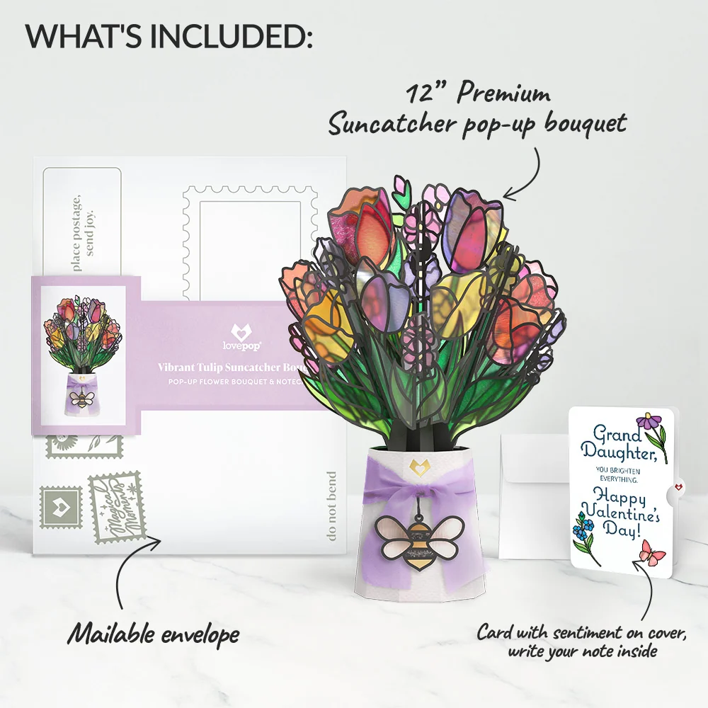 Lovepop Vibrant Tulip Valentine Suncatcher Bouquet and Sentiment Set for Granddaughter Glass - Image 2