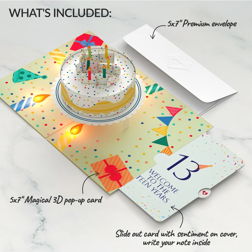 Lovepop Happy 13th Birthday Confetti Cake Music and Lights Pop-Up Card and Party Hat Sentiment Set Candle - Image 2