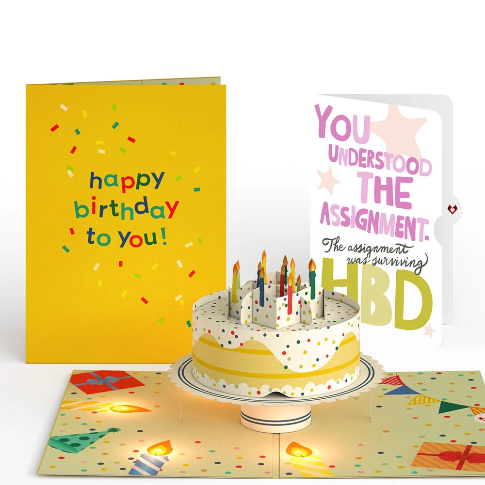 Lovepop Happy Birthday Confetti Cake Music and Lights Pop-Up Card and Surviving Assignment Sentiment Set Candle