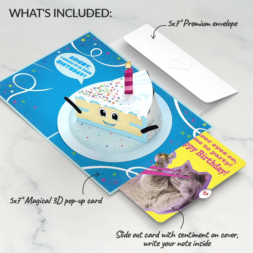 Lovepop Whimsical Birthday Cake Slice with Cat Laser Eyes Pop-Up Card and Sentiment Set Candle - Image 2
