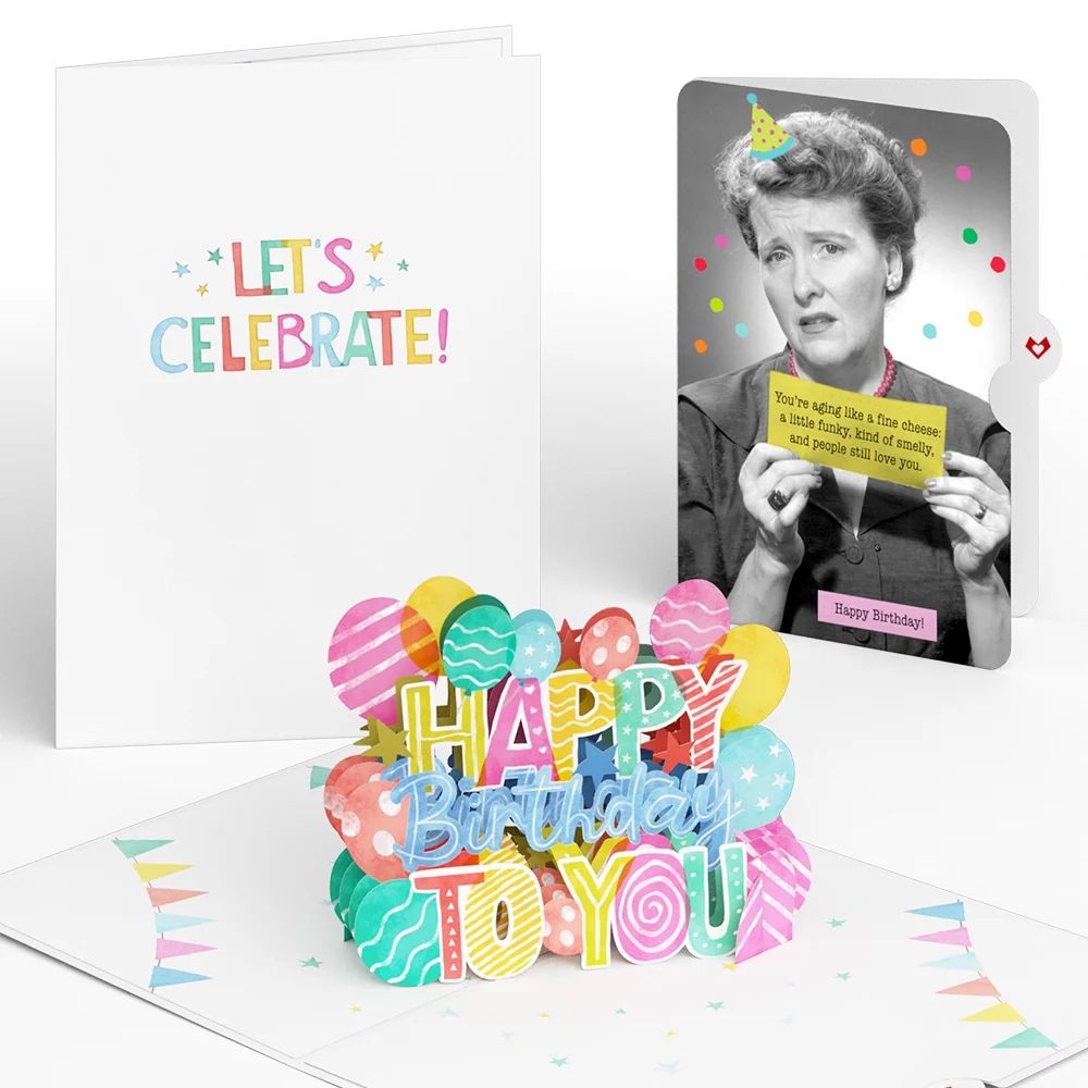 Lovepop Let's Celebrate Birthday Pop-Up Card and Aging Like a Fine Cheese Sentiment Set for Any Woman