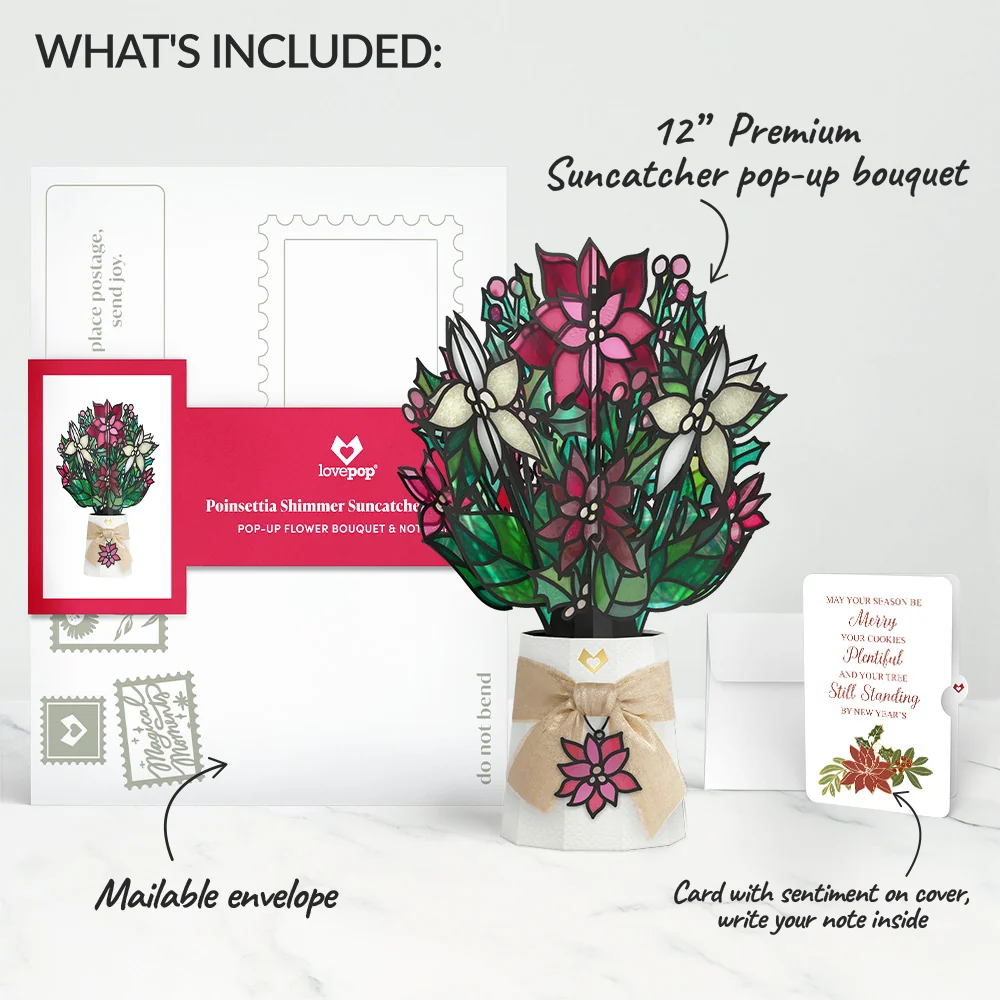 Lovepop Poinsettia Shimmer Christmas Suncatcher Bouquet and Merry & Plentiful Sentiment Set Glass - Image 2