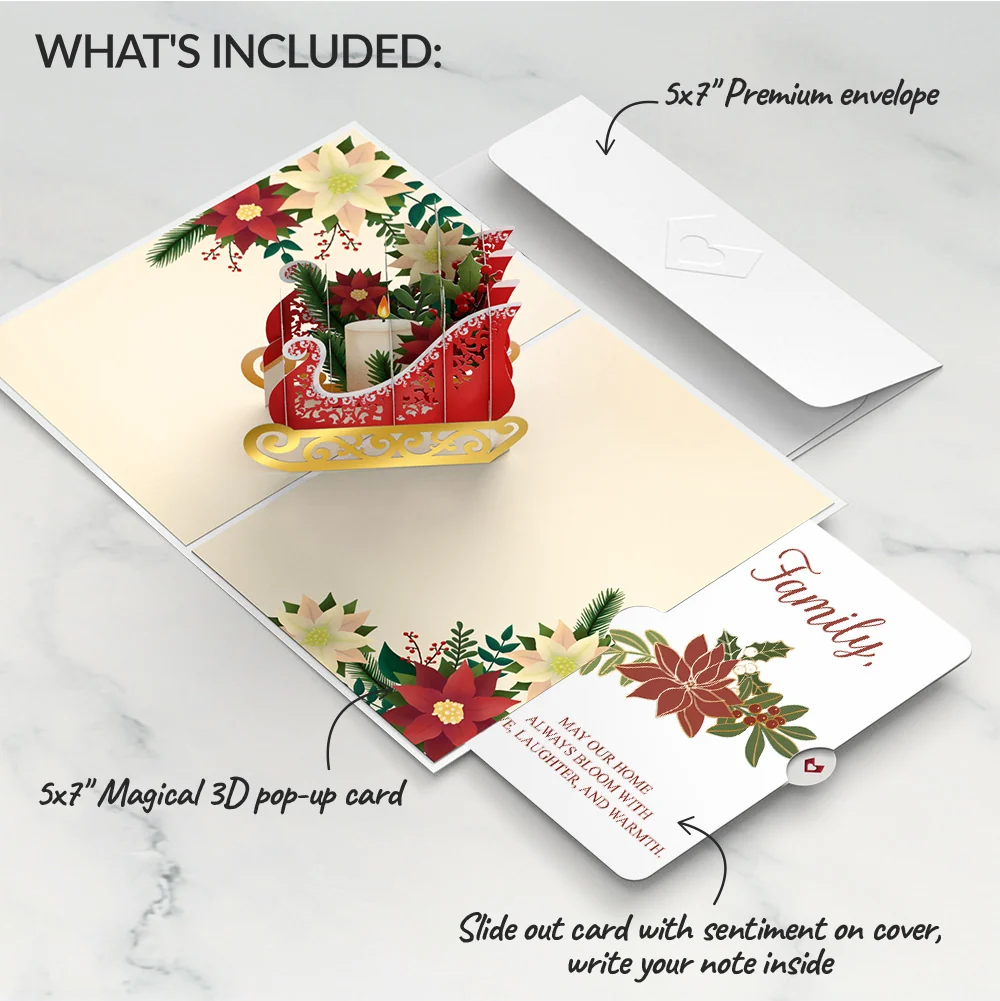 Lovepop Holiday Poinsettia Sleigh Pop-Up Card and Blooming Love Sentiment Set for Family Candle - Image 2