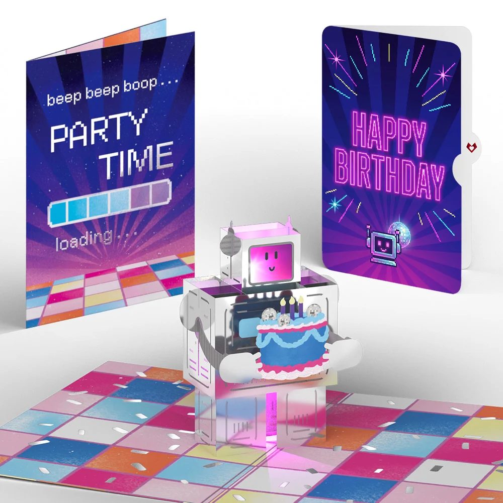 Lovepop Robot Birthday Party Music and Lights Pop-Up Card and Sentiment Set Candle