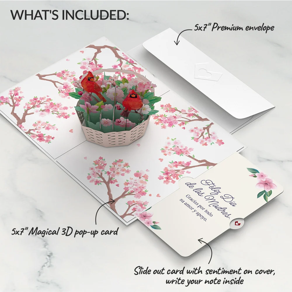 Lovepop Cherry Blossom Basket with Cardinals Mother's Day Pop-Up Card and Sentiment Set for Spanish Mom - Image 2