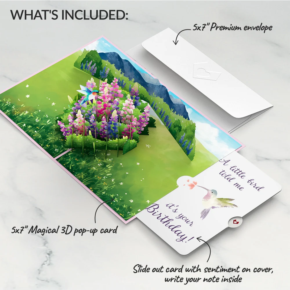 Lovepop Lupine Hummingbird Birthday Pop-Up Card and A Little Hummingbird Kisses Sentiment Set - Image 2