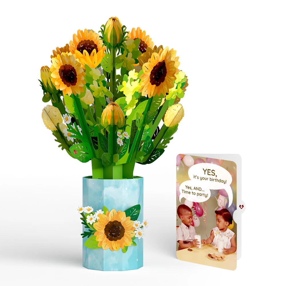 Lovepop Sunflower Blooms Birthday Bouquet and Time to Party Sentiment Set Vase