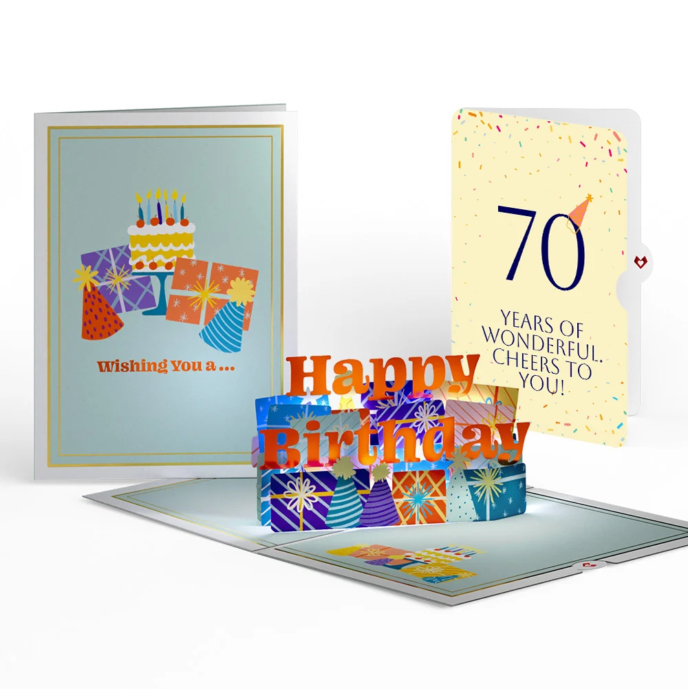Lovepop Wishing You a Happy 70th Birthday Music and Lights Pop-Up Card and Party Hat Sentiment Set