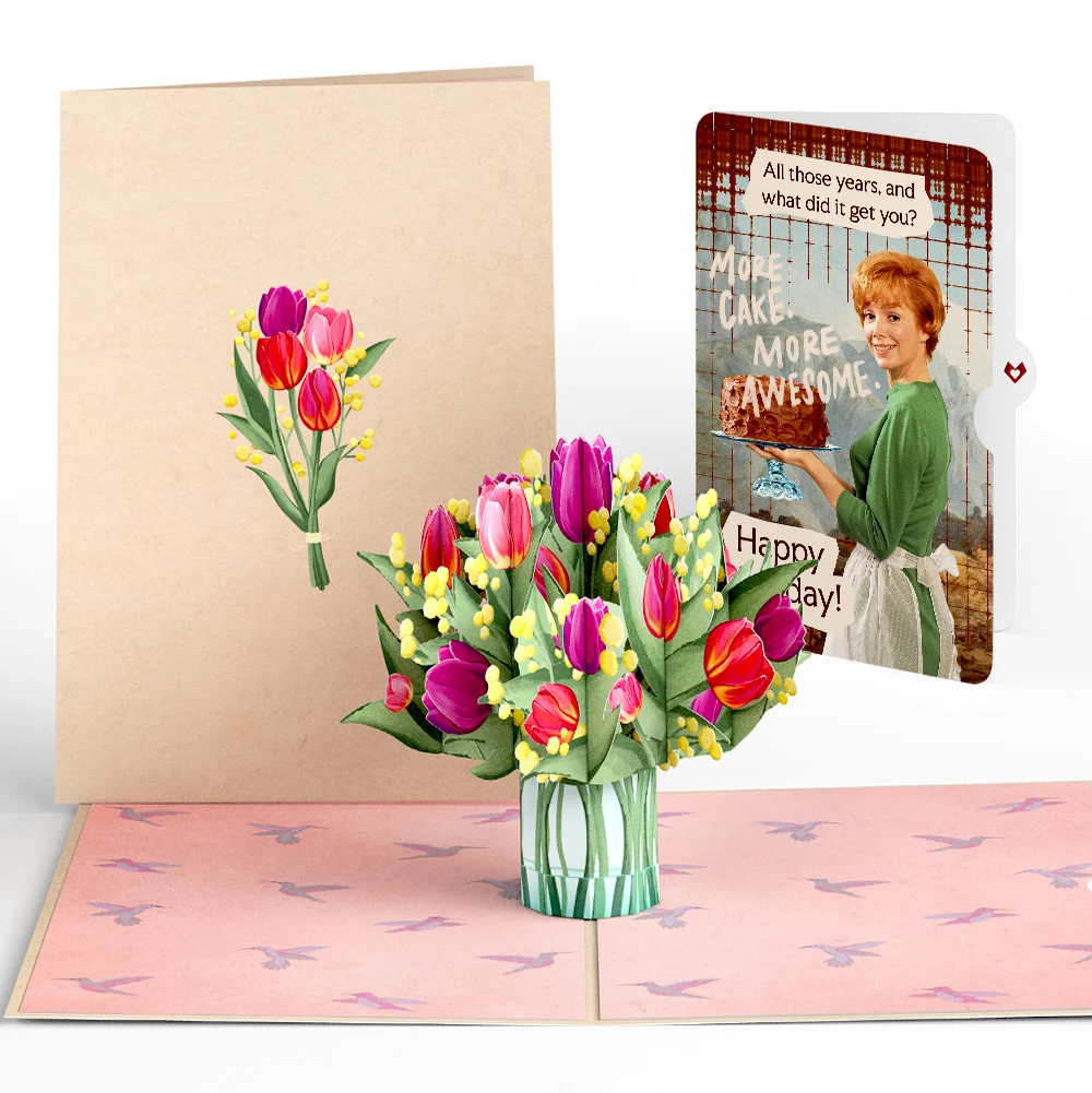 Lovepop Cheerful Tulips Birthday Pop-Up Card and More Cake More Awesome Sentiment Set Vase