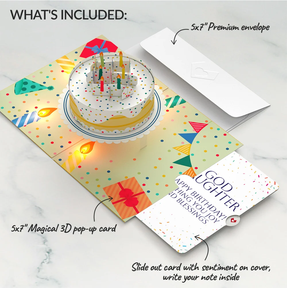 Lovepop Happy Birthday Confetti Cake Music and Lights Pop-Up Card and Sentiment Set for Goddaughter Candle - Image 2
