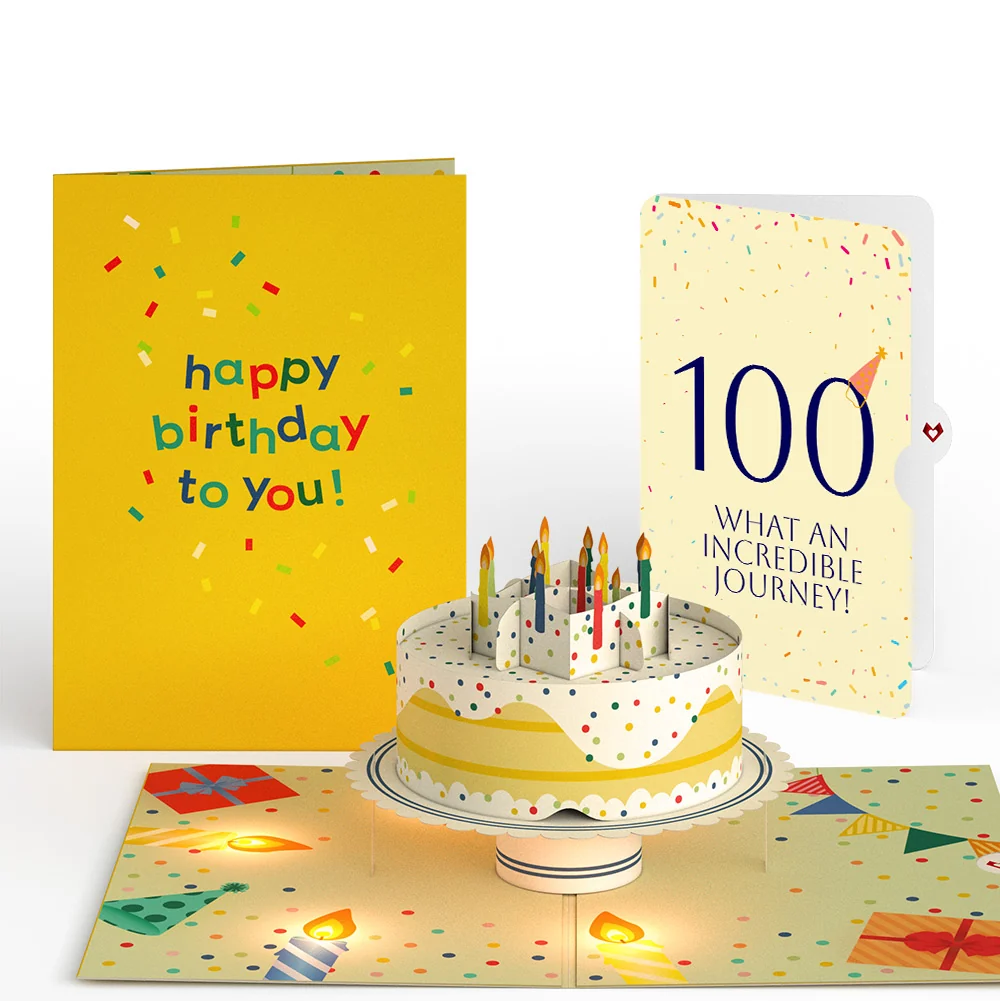 Lovepop Happy 100th Birthday Confetti Cake Music and Lights Pop-Up Card and Party Hat Sentiment Set Candle
