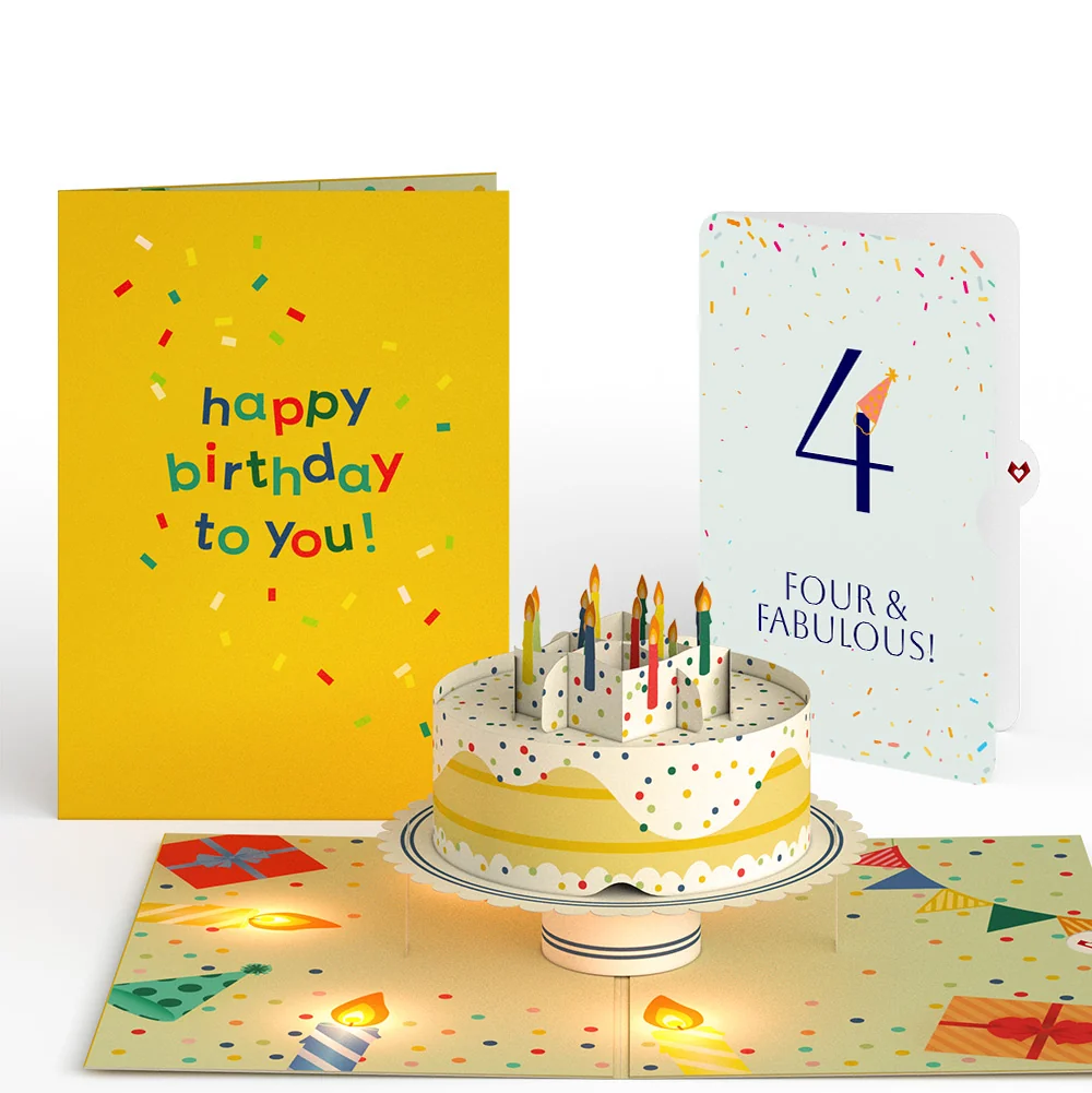 Lovepop Happy 4th Birthday Confetti Cake Music and Lights Pop-Up Card and Party Hat Sentiment Set Candle