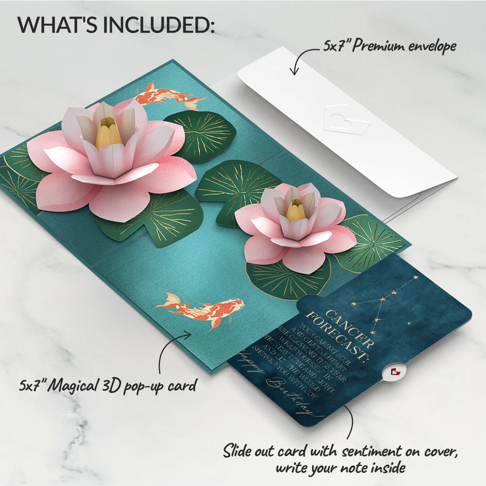 Lovepop Koi Fish and Lotus Pond Birthday Pop-Up Card and Cancer Zodiac Sentiment Set - Image 2