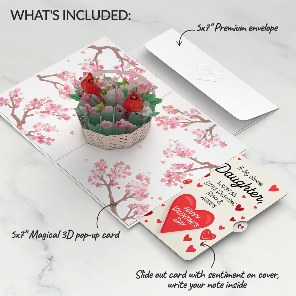 Lovepop Valentine's Cherry Blossom Basket with Cardinals Pop-Up Card and Sentiment Set for Daughter - Image 2