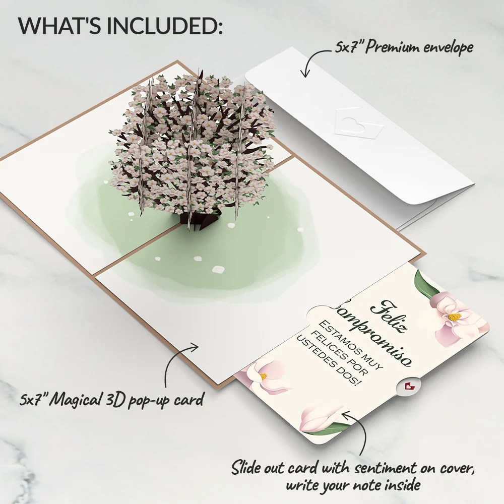 Lovepop Pink Magnolia Tree Engagements Pop-Up Card and Spanish Celebrating Your Love Sentiment Set Cream - Image 2