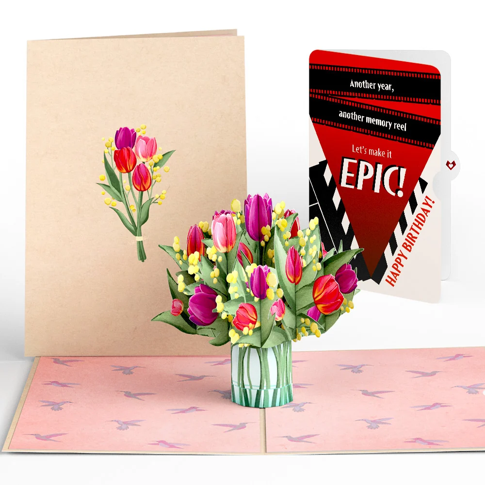 Lovepop Cheerful Tulips Birthday Pop-Up Card and Epic Reel Sentiment Set Vase