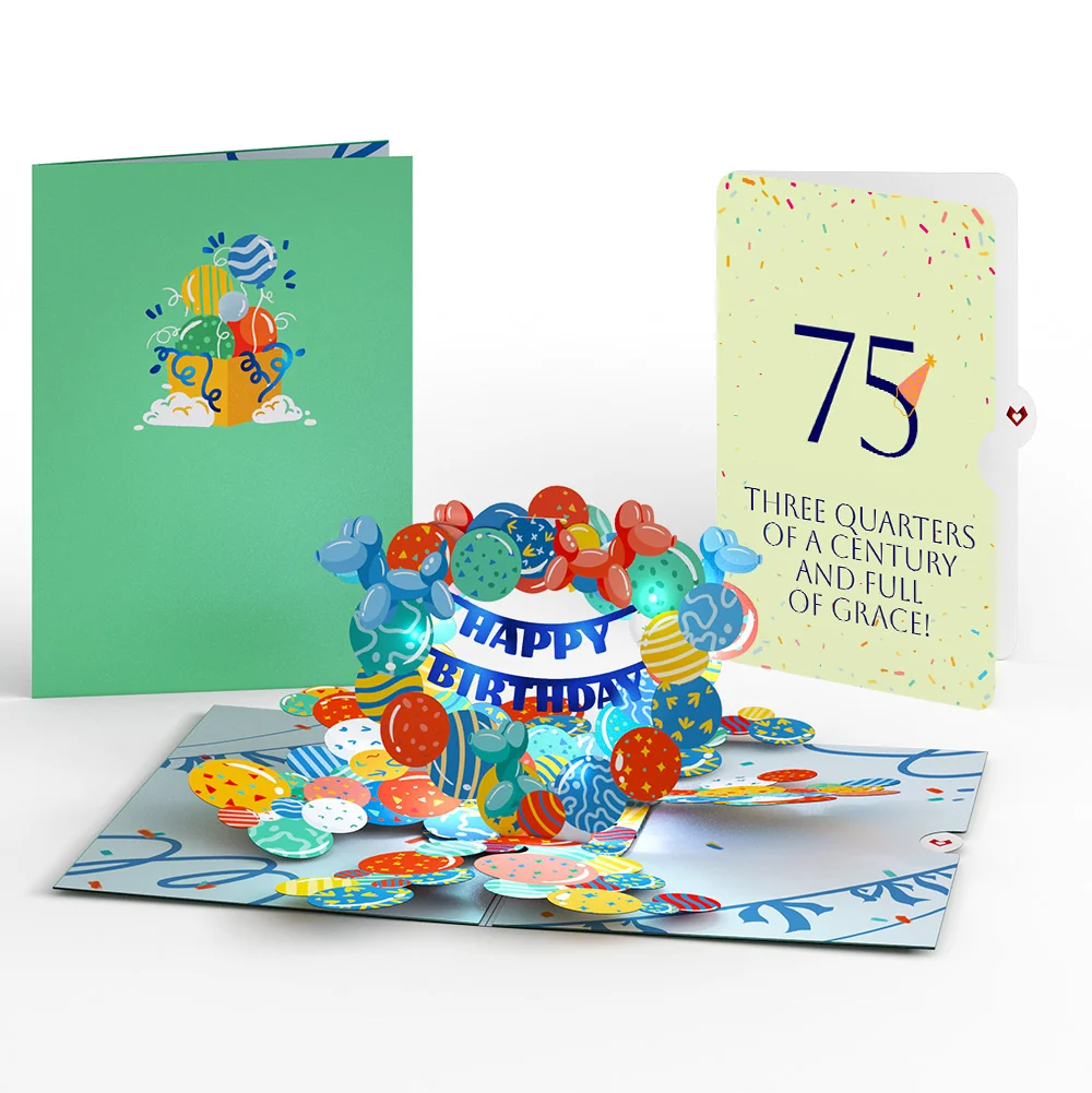 Lovepop Happy 75th Birthday Balloons Music and Lights Pop-Up Card and Party Hat Sentiment Set