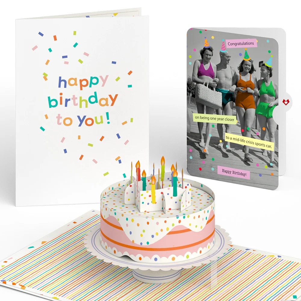 Lovepop Confetti Cake Birthday Pop-Up Card and A Mid-life Crisis Sports Car Sentiment Set Candle
