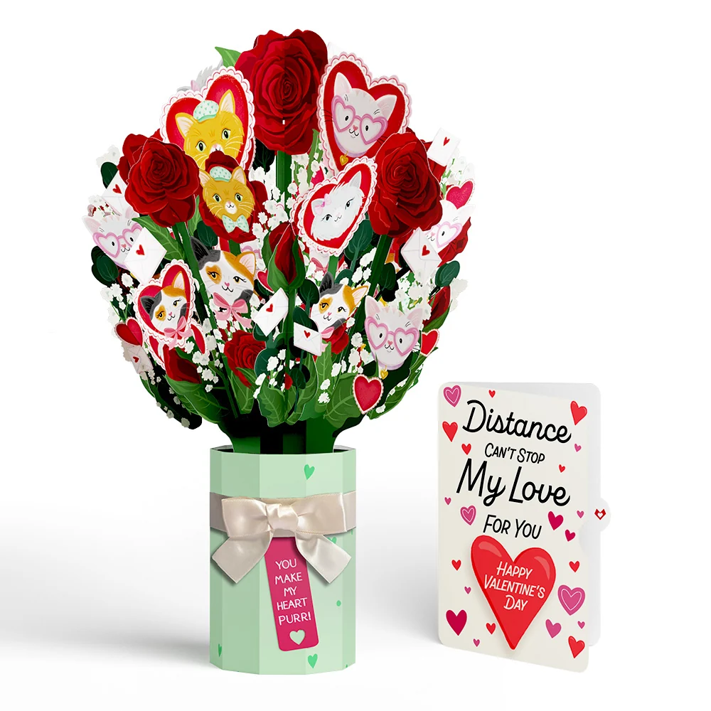 Lovepop You Make My Heart Purr Cat Distance Can't Stop My Love Valentine Bouquet and Sentiment Set Vase