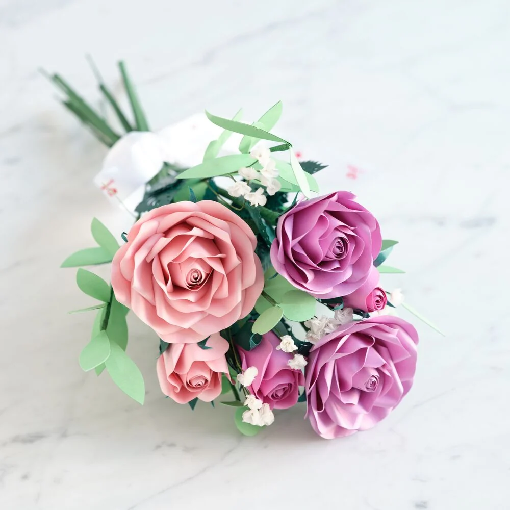 Lovepop Handcrafted Paper Flowers: Pink & Purple Roses (6 Stems) Vase - Image 6