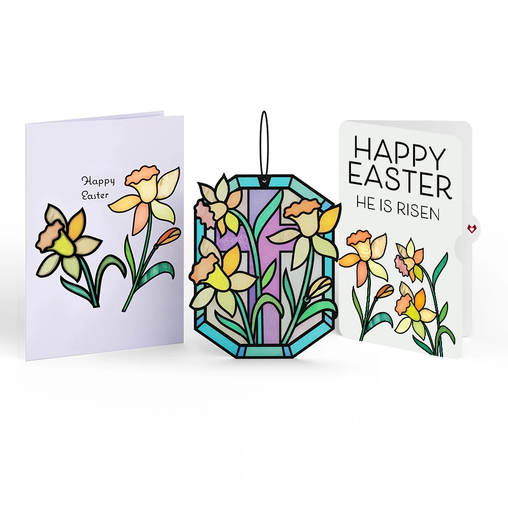 Lovepop Happy Easter Daffodil Easter Suncatcher Card and Garden Blooms He Is Risen Sentiment Set Glass