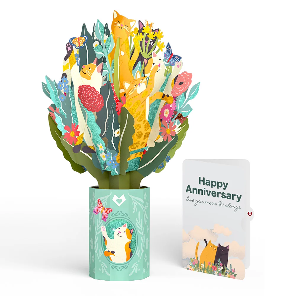 Lovepop Feline Fancy Anniversary Glitter Bouquet and Lovey Cats Love You Meow Sentiment Set Vase