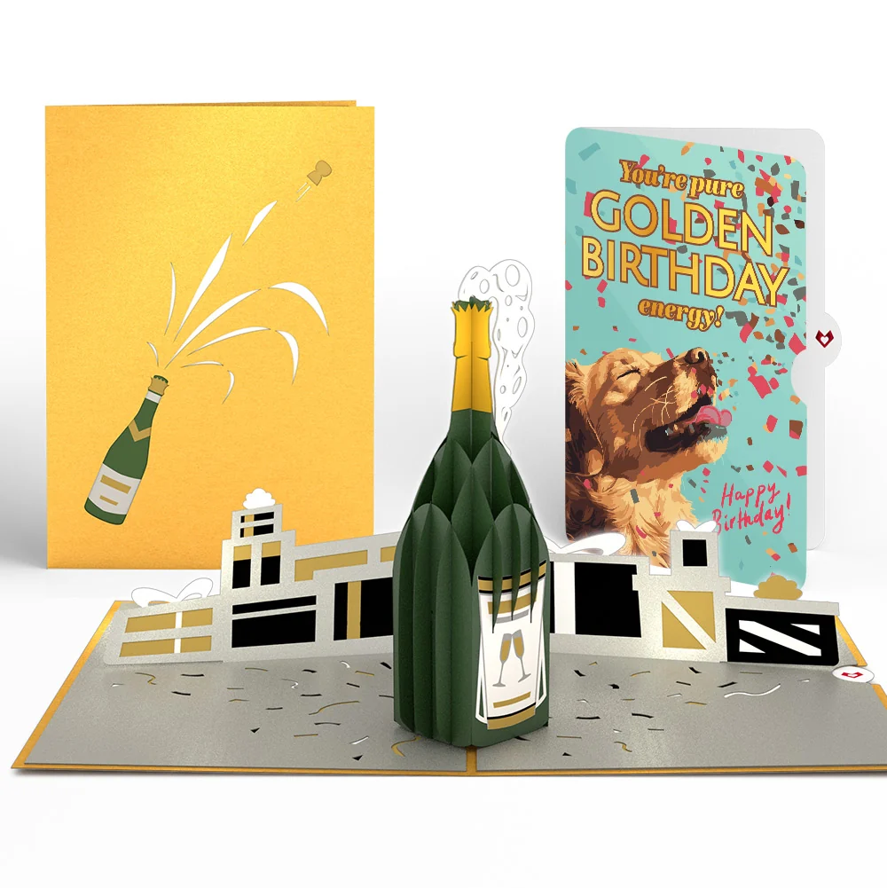 Lovepop Champagne Celebration Birthday Pop-Up Card and Golden Energy Sentiment Set Bottle