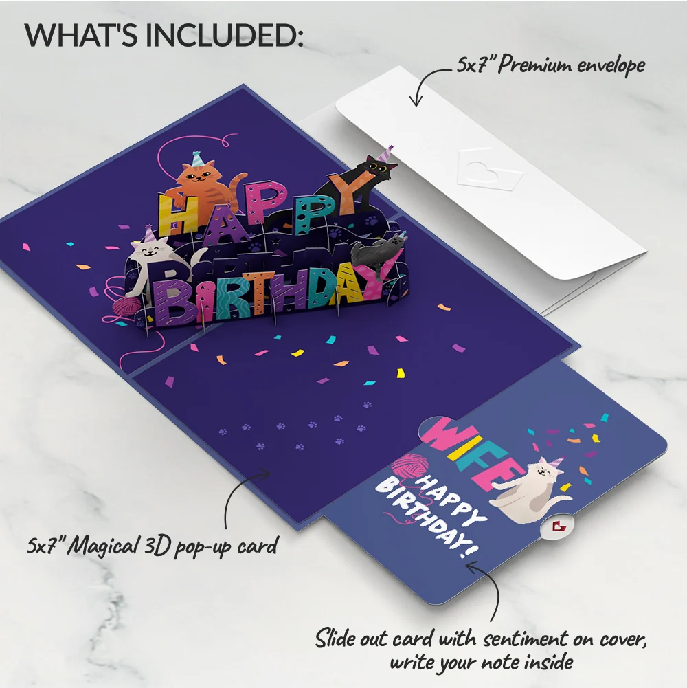Lovepop Happy Birthday Cats Pop-Up Card and Sentiment Set for Wife - Image 2