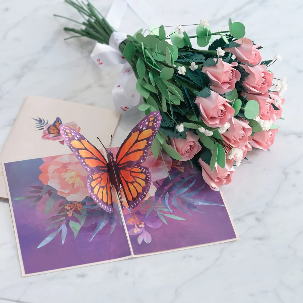 Lovepop Handcrafted Paper Flowers: Pink Roses (12 Stems) with Monarch Butterfly Pop-Up Card Vase