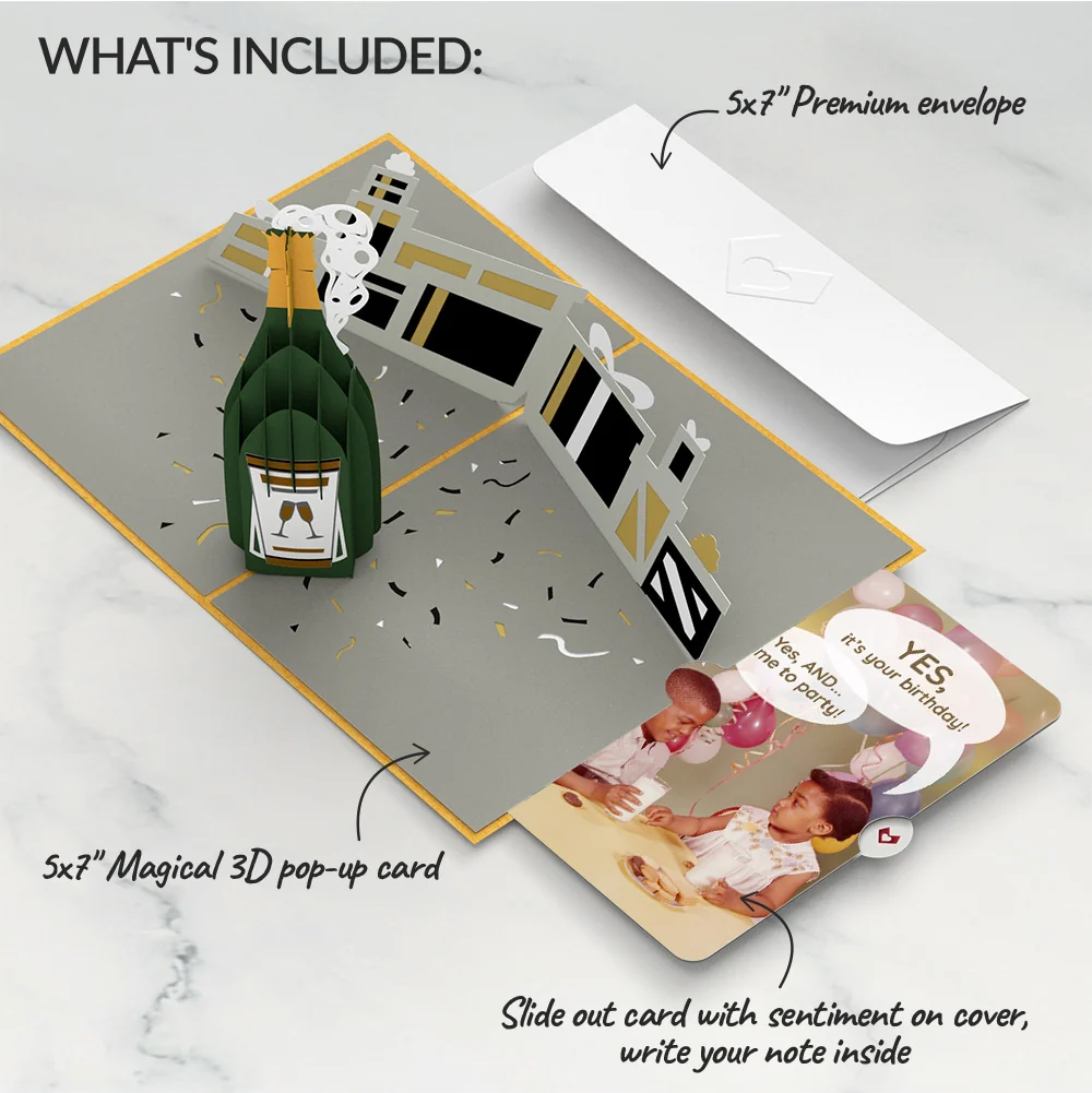 Lovepop Champagne Celebration Birthday Pop-Up Card and Time to Party Sentiment Set Bottle - Image 2
