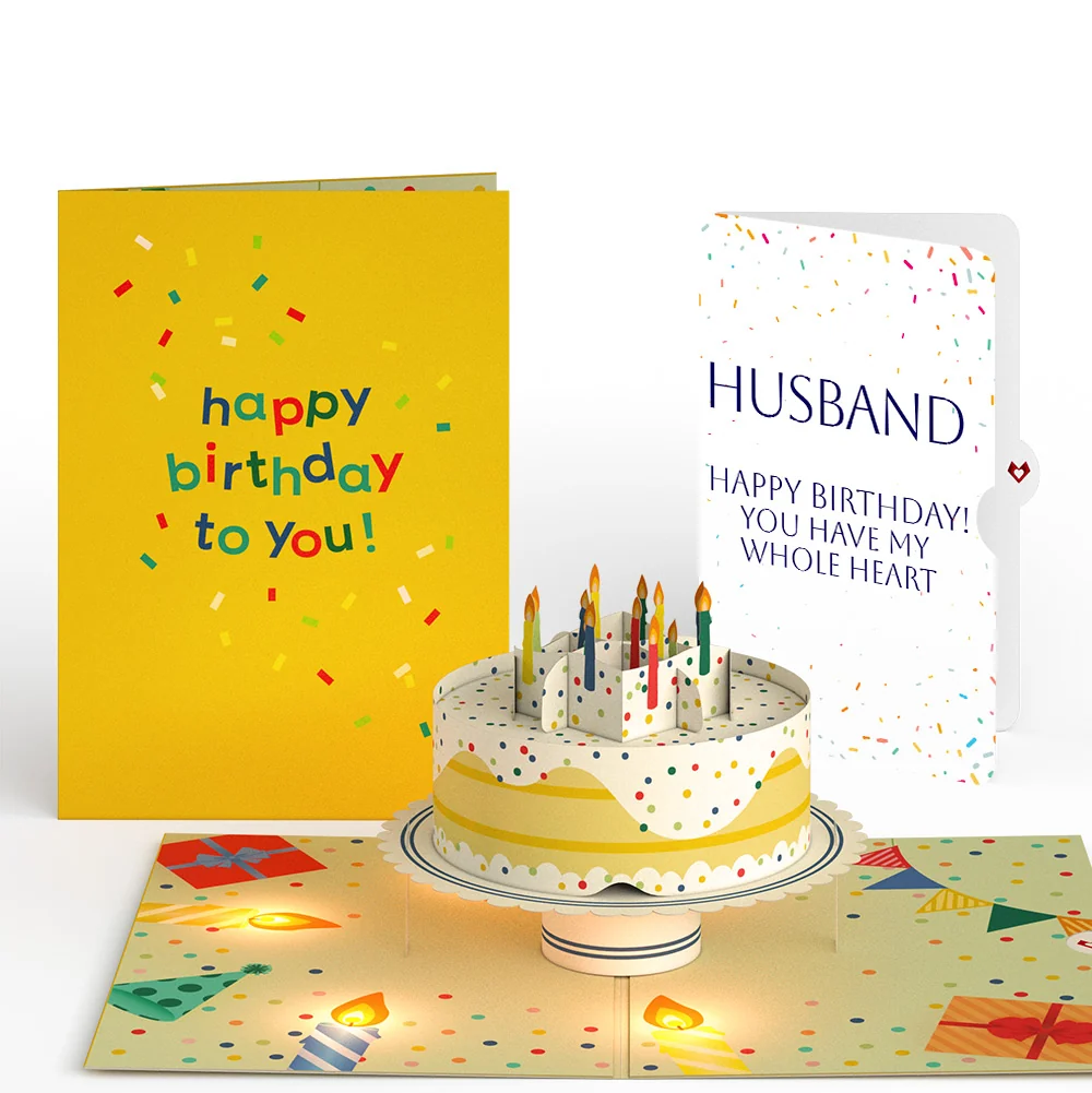 Lovepop Happy Birthday Confetti Cake Music and Lights Pop-Up Card and Sentiment Set for Husband Candle
