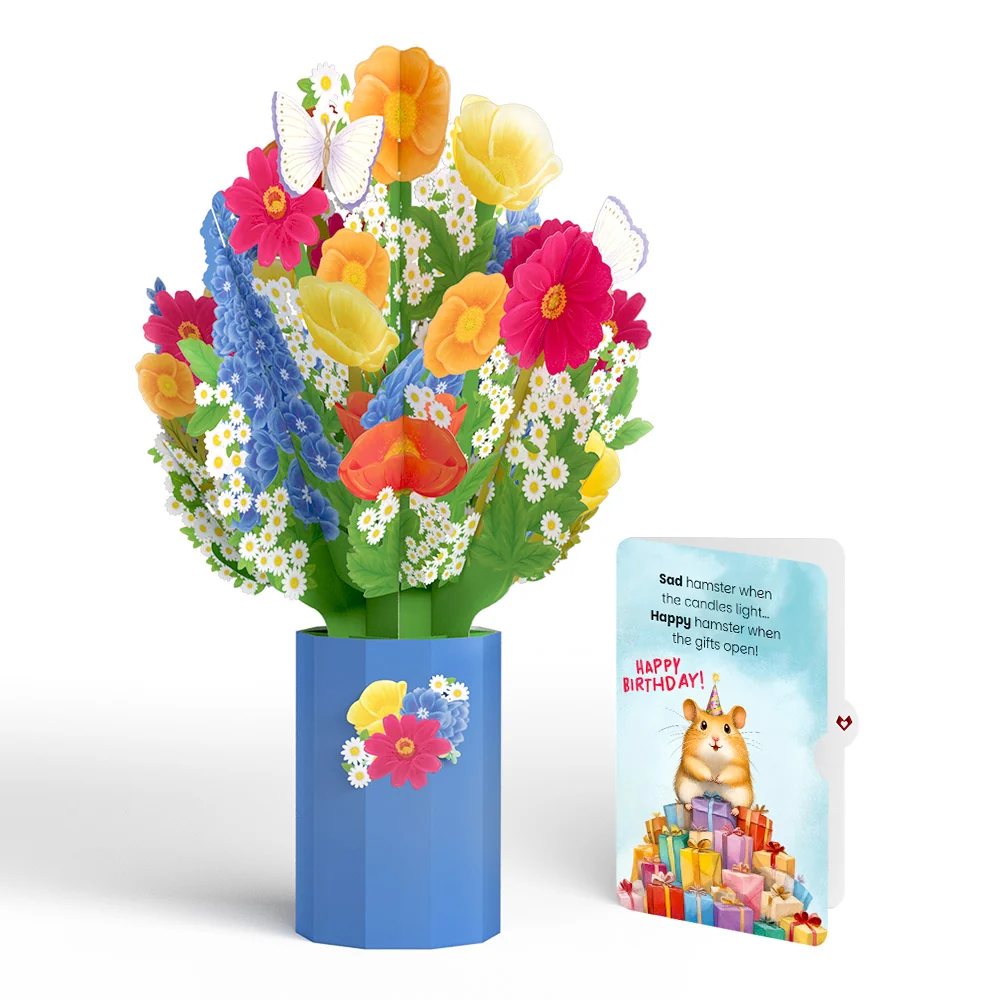 Lovepop Wildflower Birthday Bouquet and Happy Hamster Sentiment Set Candle