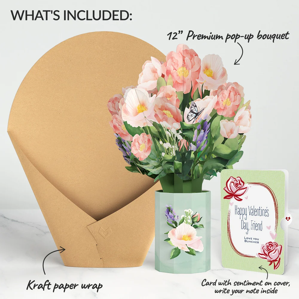 Lovepop Peony Valentine Bouquet and Sweet Rose Sentiment Set for Friend Vase - Image 2