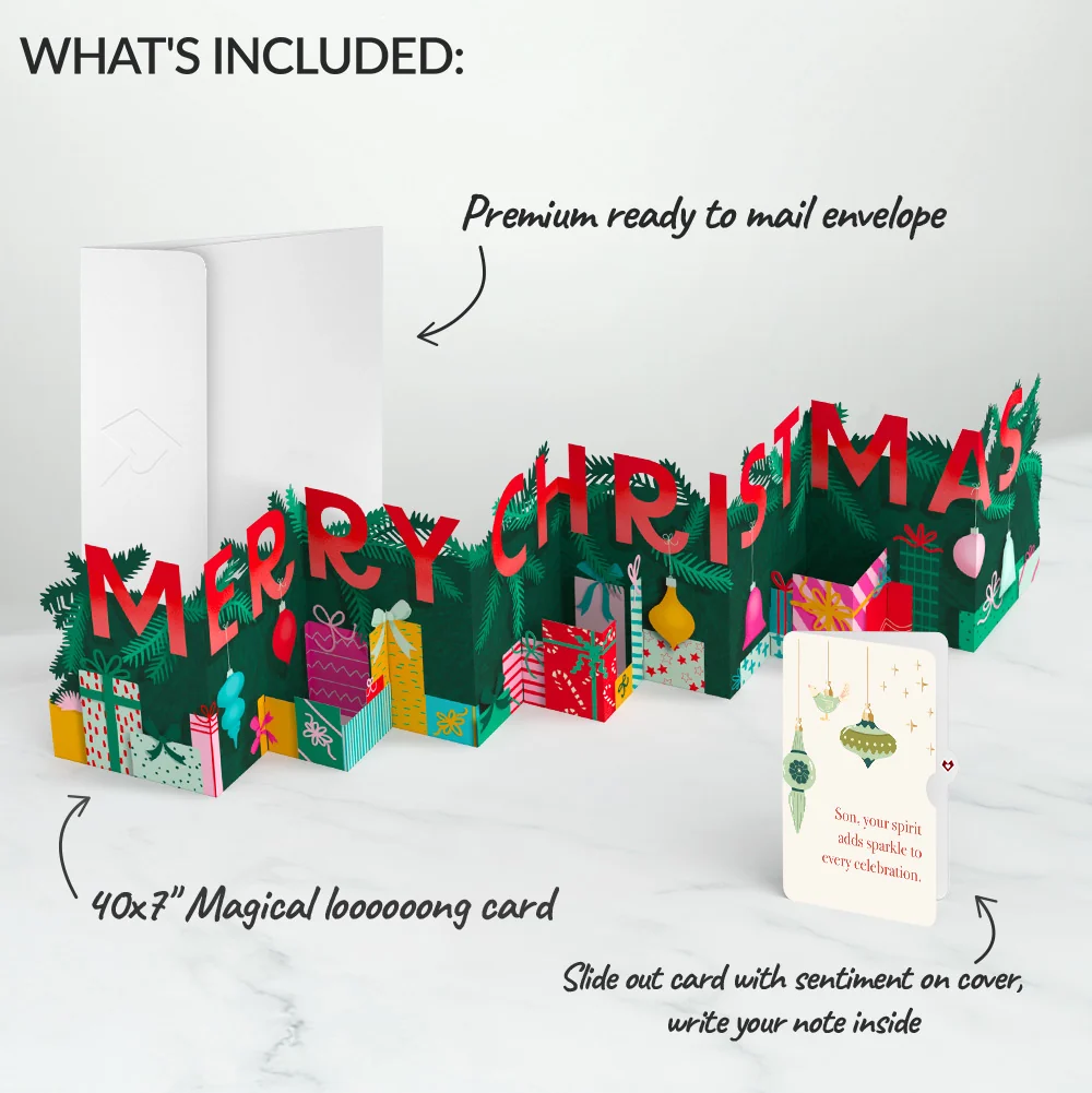 Lovepop Under the Tree Merry Christmas Loooooong Card (Expands to 2 feet) and Sentiment Set for Son Cream - Image 2