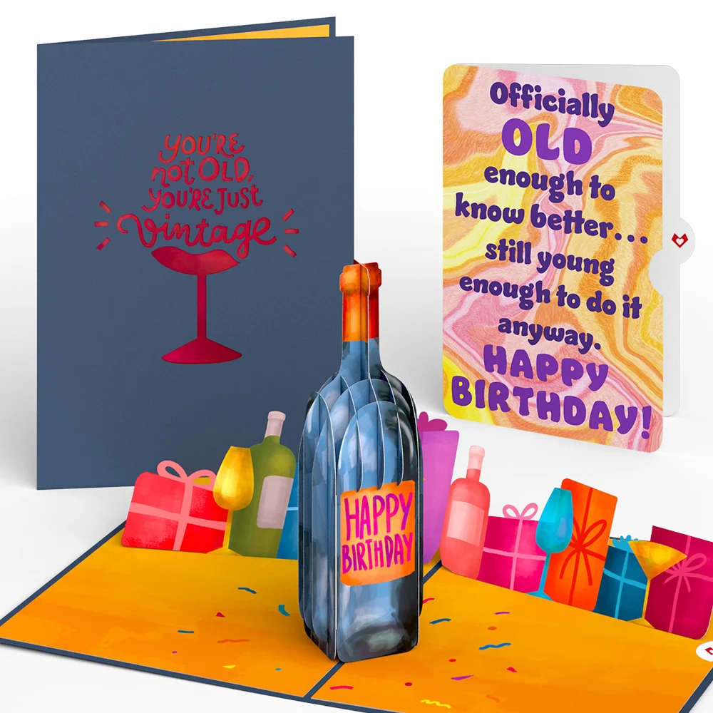 Lovepop Vintage Wine Birthday Pop-Up Card and Old Enough Young Enough Sentiment Set Glass