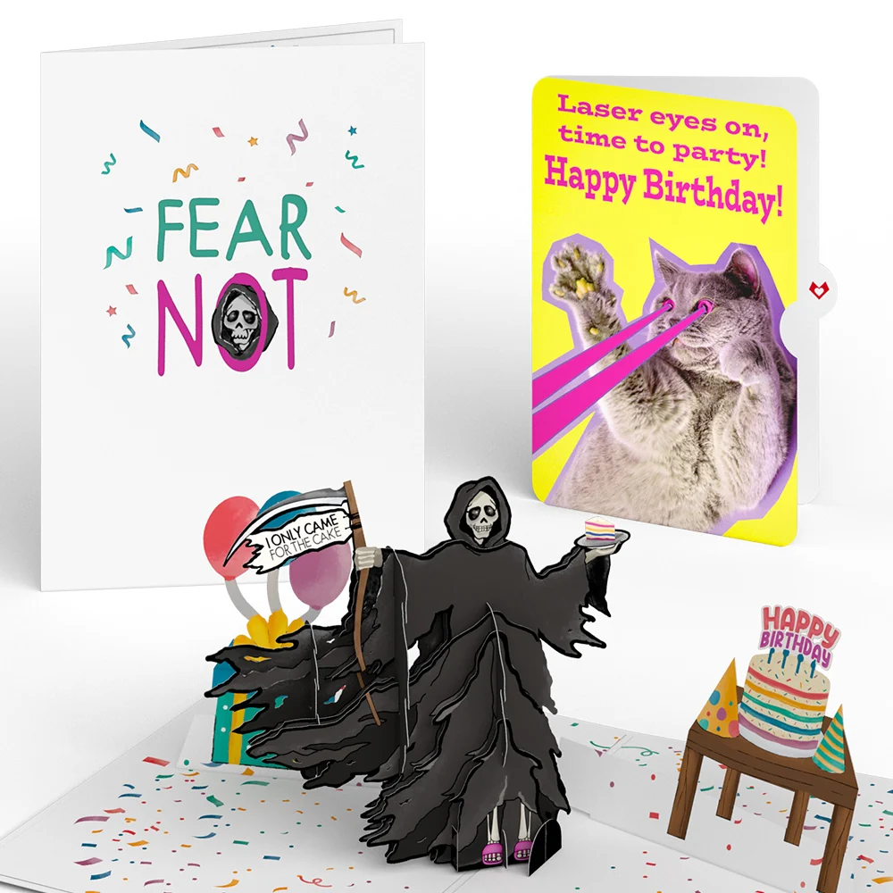 Lovepop Grim Reaper Dark Humor Birthday with Cat Laser Eyes Pop-Up Card and Sentiment Set