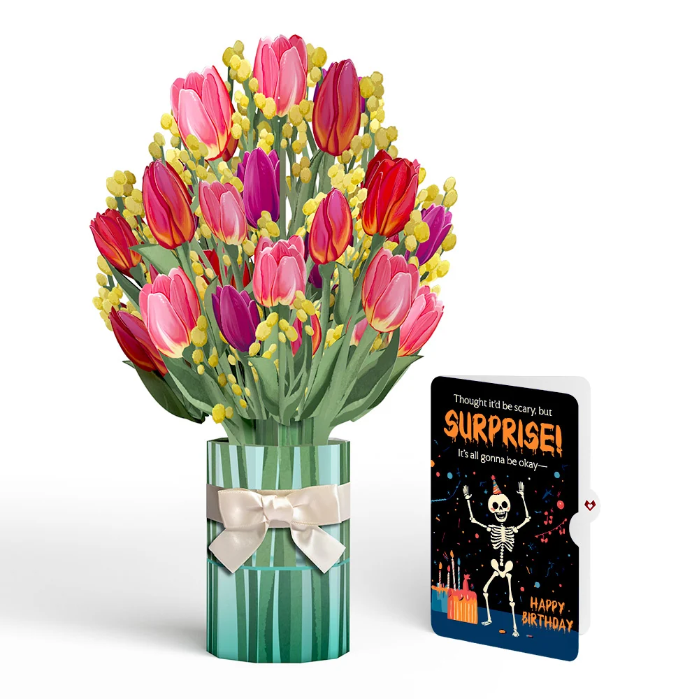 Lovepop Cheerful Tulips Birthday Bouquet and Surprise Skeleton Sentiment Set Vase