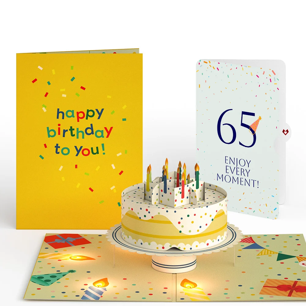 Lovepop Happy 65th Birthday Confetti Cake Music and Lights Pop-Up Card and Party Hat Sentiment Set Candle
